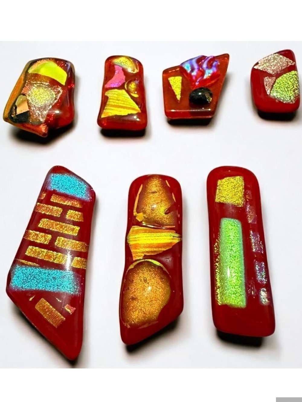 Set of 9 Red Fused Dichroic Glass Cabochons – Iridescent Art Pieces for Jewelry
